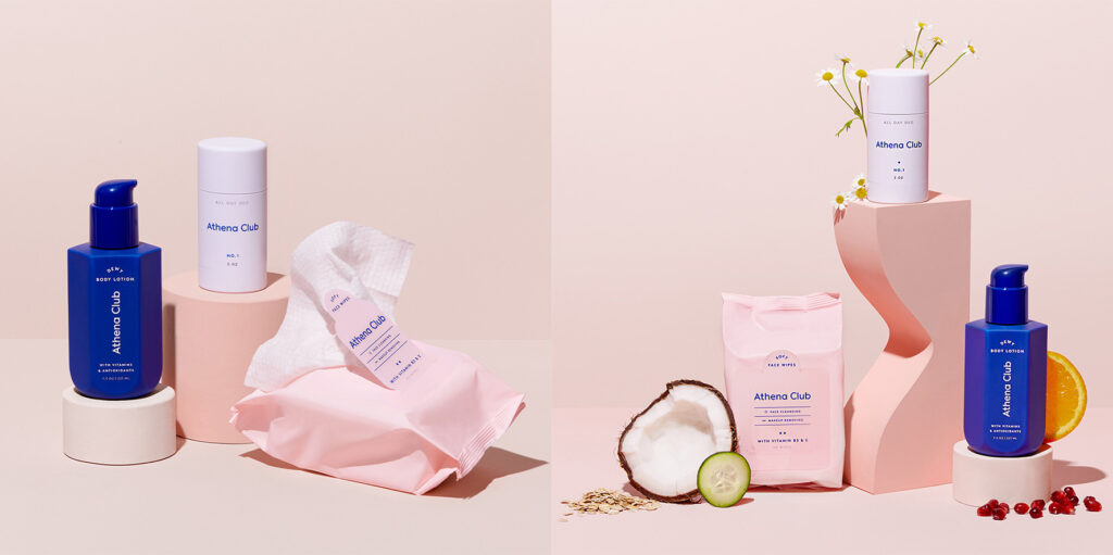 Products from the Athena Club Back to Basics Set, arranged on a pink backdrop