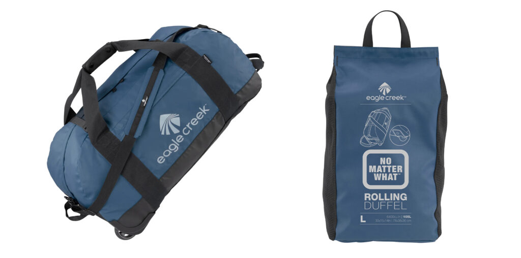 Two angles of the Eagle Creek Rolling No Matter What Duffel Bag  in blue