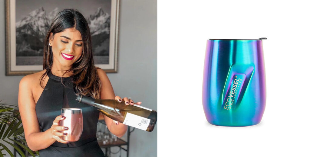Woman pouring wine into EcoVessel Wine Tumbler (left) and duochrome blue to purple EcoVessel Wine Tumbler on a white background (left)