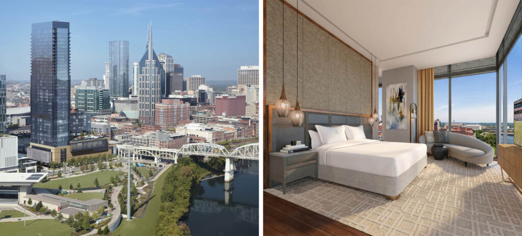 Exterior of the Four Seasons in Nashville, Tennessee (left) and interior guest room (right)