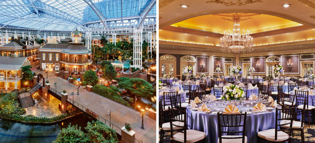 Domed interior of the Gaylord Opryland hotel (left) and interior dining area (right)