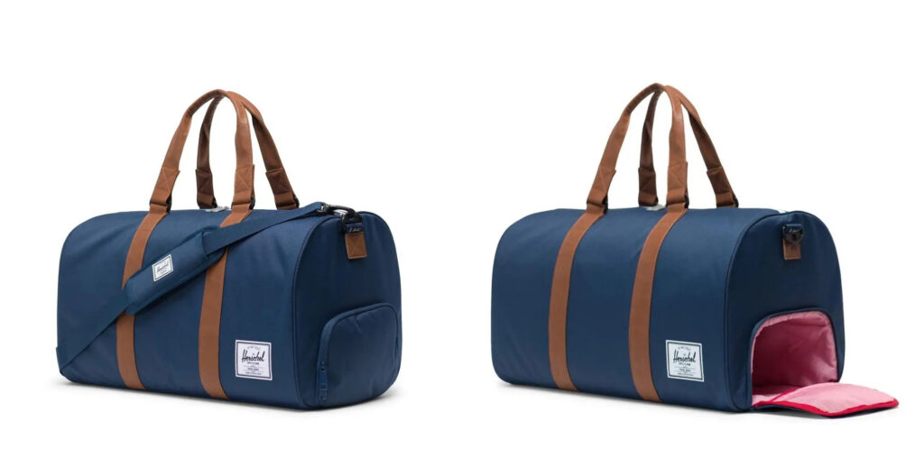 Two views of the Herschel Novel Duffel Bag, in blue with brown handles and details