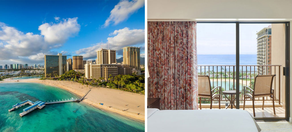 Aerial view of the coastline surrounding Hilton Grand Vacations Club at Hilton Hawaiian Village (left) and interior of a room (right)
