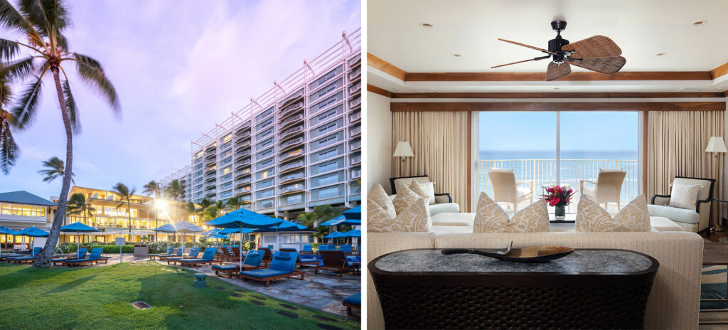 Outdoor lounge area at Kahala Hotel & Resort, Honolulu, Hawaii at dusk (left) and sitting room with balcony attached to guest room (right)