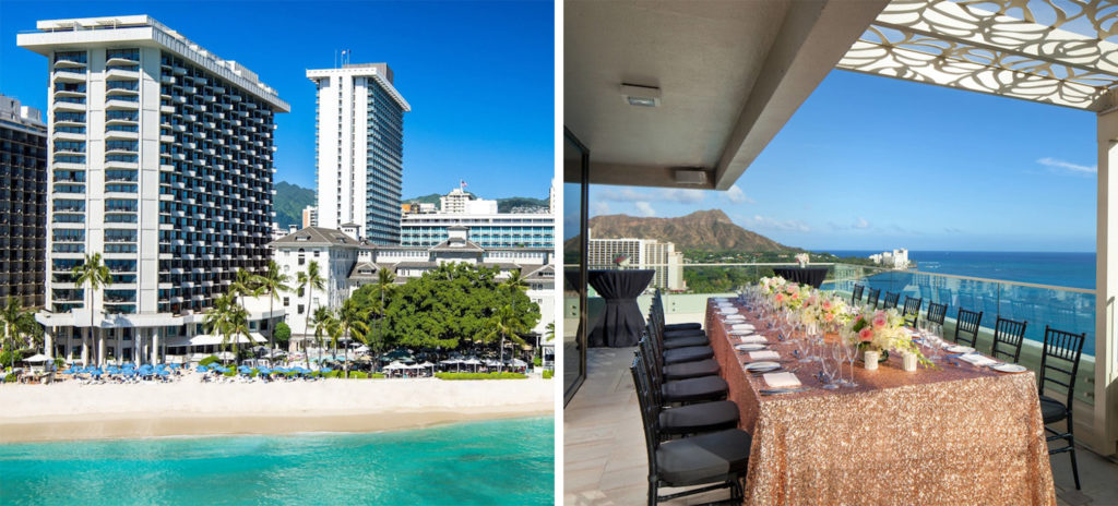 Exterior view of Moana Surfrider, A Westin Resort & Spa, Waikiki Beach and the surrounding water (left) and an open air patio dining area overlooking the ocean set with a long table (right)
