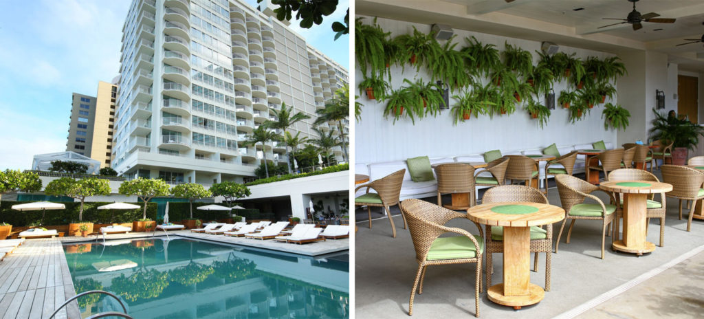 Pool area and exterior of the Modern Honolulu (left) and outdoor patio area lined with plants (right)