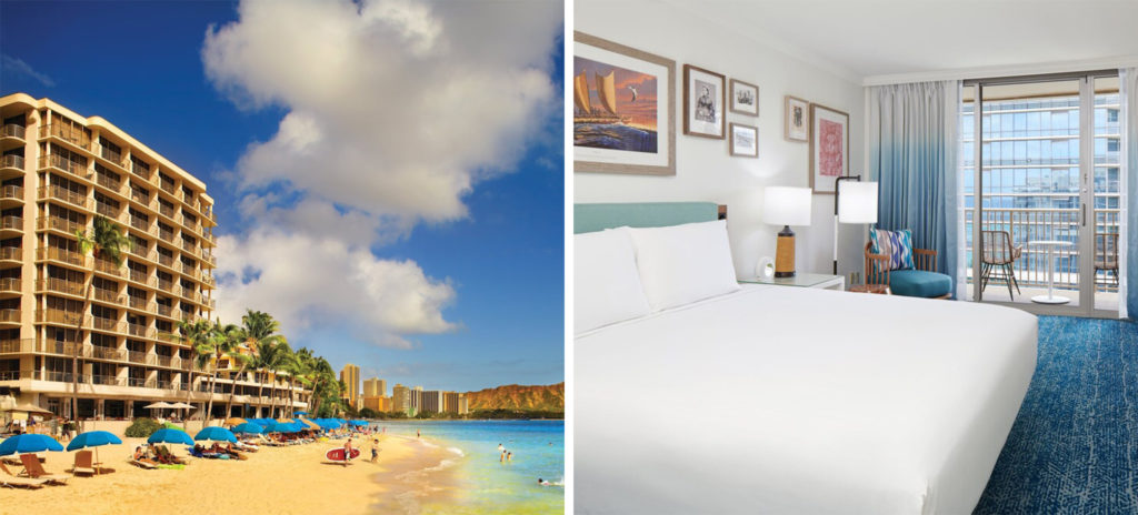 Exterior of Outrigger Reef Waikiki Beach Resort and beach (left) and bedroom (right)
