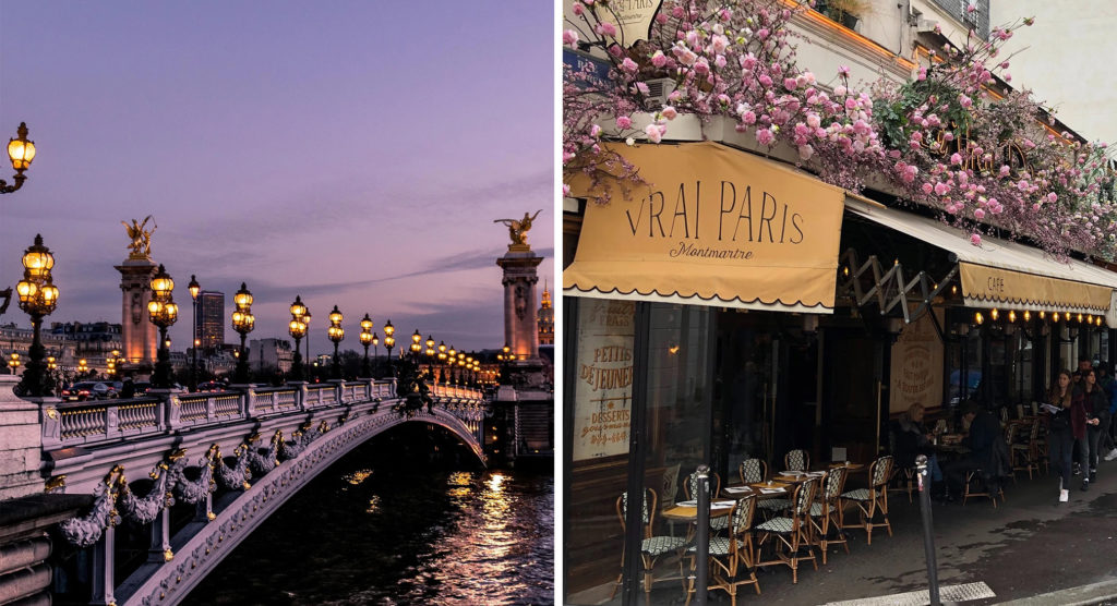 A bridge over the Seine (left) and a small corner shop covered in flowers in Paris, France (right)