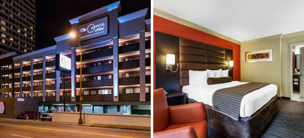 Exterior of The Capitol Hotel Downtown Nashville at night (left) and interior guest room (right)