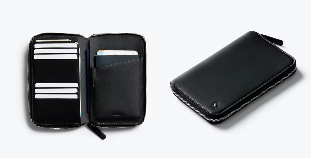 Two views, one open and one closed, of the Bellroy Travel Folio