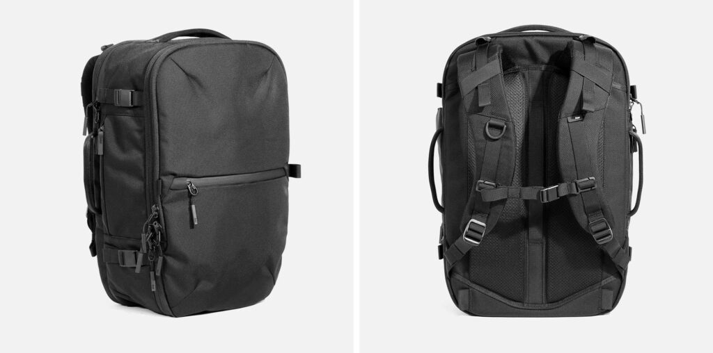 Two views of the Aer Travel Pack 3 in black