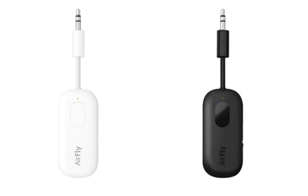 Two colors, white and black, of the Twelve South AirFly Pro Bluetooth Transmitter