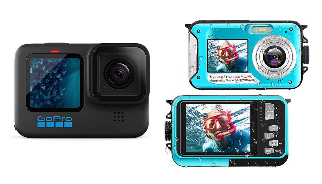 The GoPro HERO11 Waterproof Underwater Camera and YISENCE Waterproof camera in teal