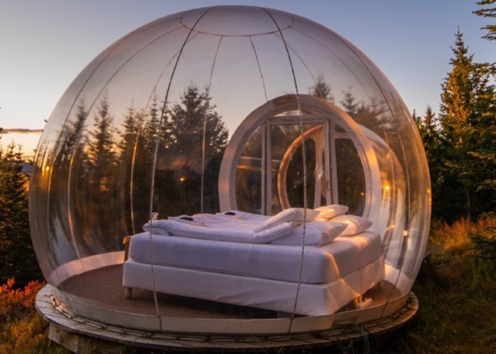 A bed inside an insulated bubble overlooking forest scenery in Iceland